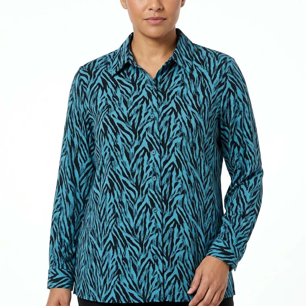 DENIM & Co Reverse Polyester Blend Blue Did You Know Graphic Top Women Size 1X